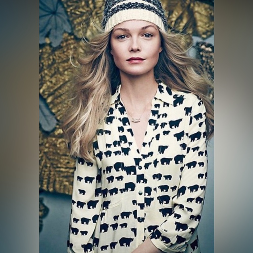 Anthropologie Maeve Ivory Black Bear Shirt Blouse Top Size 4